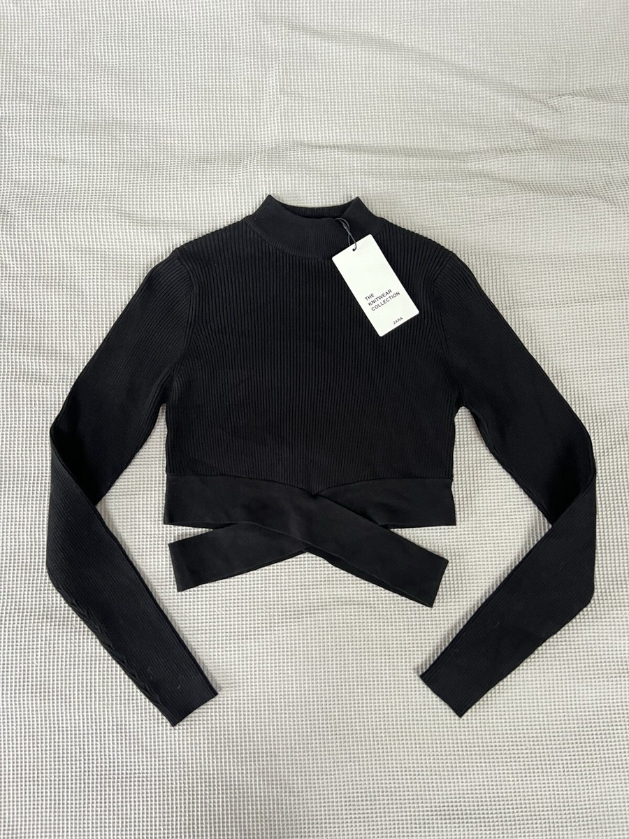 ZARA Black Ribbed Knit High Neck Crossover Crop Top Jumper Sweater