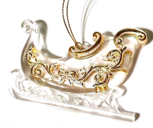 Clear Plastic Acrylic Sleigh With Gold Accents Christmas Tree Ornament - Picture 6 of 12