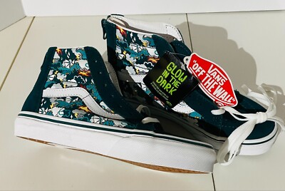 NEW TAGS VANS KIDS 3 HighTop Zip Glow in Dark Dragons Teal Green Shoes-Sneakers