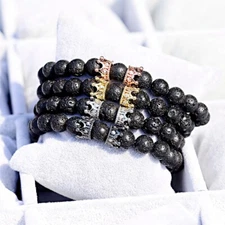 Gothic Crown Black Bangles Natural 8Mm Lava Rock Stone Beaded Healing Bracelets