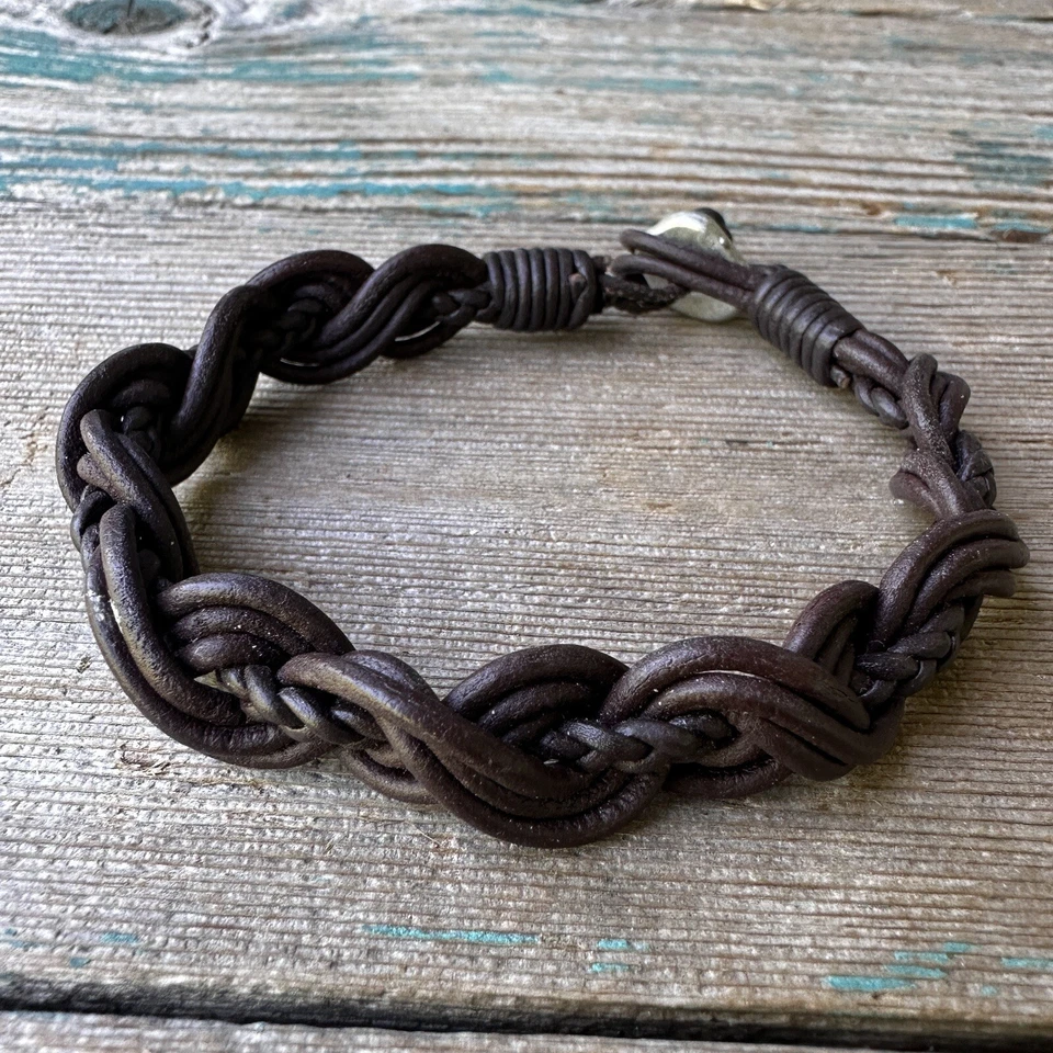Vintage Bracelet Wristband Bangle Brown Braided Genuine Leather 7" Y2K 1980s - Image 2 of 4