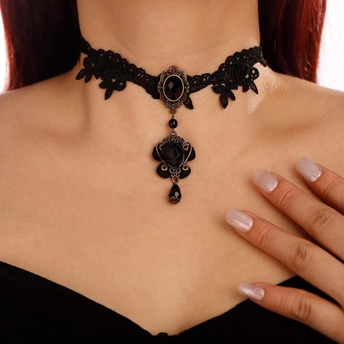 Gothic Black Lace Choker Necklaces Crystal Collar Choker Jewelry Adjustable for - Picture 3 of 7