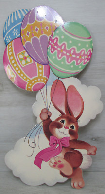Vintage Cute Easter Bunny Rabbit Easter Egg Balloons Clouds