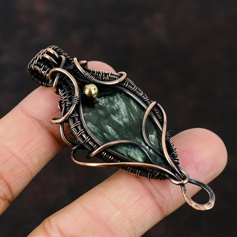 Regalo de boda para ella colgante envuelto en alambre de joyería de serafinita de cobre 2,83" Foto 2 de 4