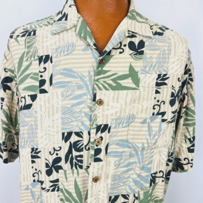 Island Blue Hawaiian Aloha L Shirt Geometric Leaves Flowers Blue Green Tropical