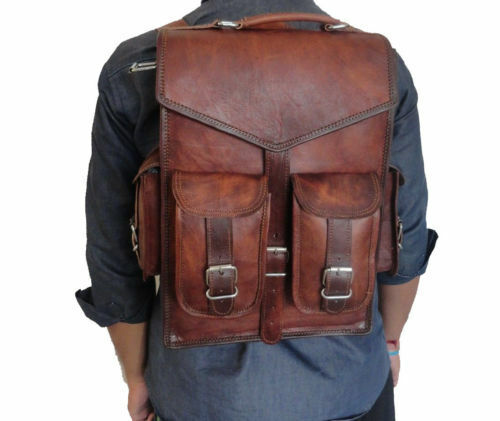 16" Genuine Men Real leather backpack bag satchel briefcase laptop brown vintage