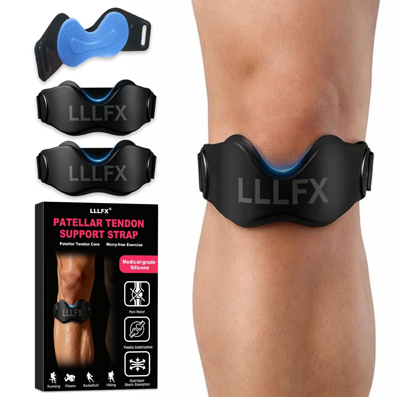 2 Pack Patellar Tendon Support Straps, Adjustable Non-slip 2-Pack, Black