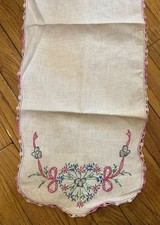 Vintage Hand Stitched Linen Embroidered Table Runner Crocheted Edge 10"x32" Pink