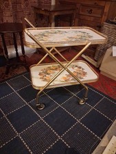 VINTAGE FOLDING HOSTESS SERVING TEA TROLLEY GIN CART FLORAL TRAYS.