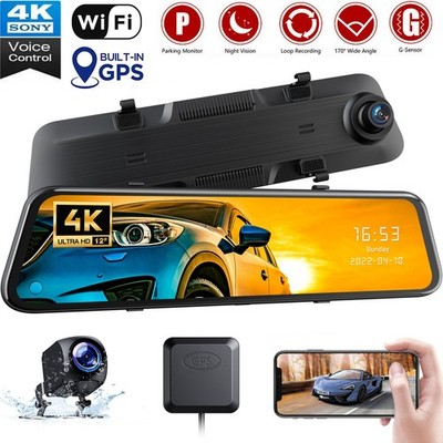 TOGUARD 12'' WiFi GPS Mirror Dash Cam 4K Front&Rear Car DVR Camera Voice Control