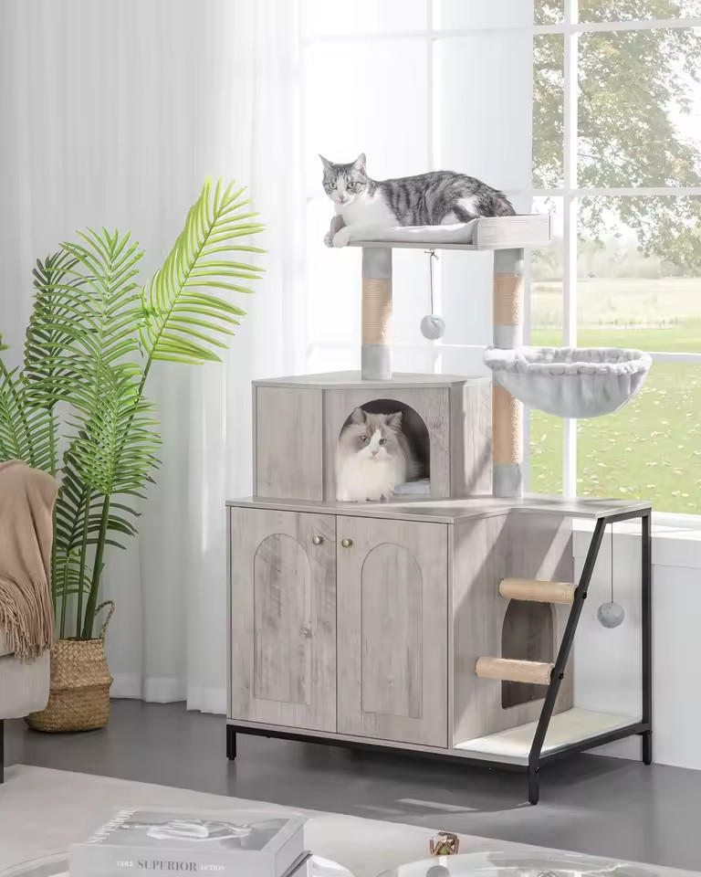 Arbre à chat griffoir robuste avec maison de toilette fermée