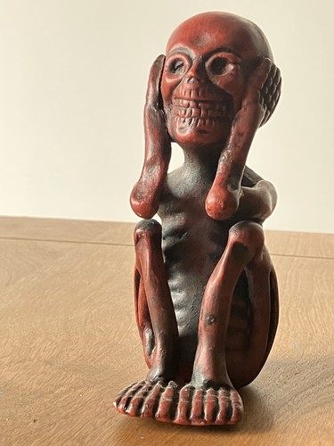 vintage pottery skeleton skull hear no evil Japanese handmade folk art sculpture
