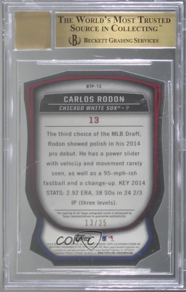 2015 Bowman Orange Die-Cut /25 Carlos Rodon BGS 10 PRISTINE Rookie Auto RC - Image 2 of 2