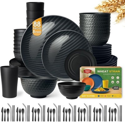 Teivio 88 Piece Wheat Straw Dinnerware Set For 8 Black