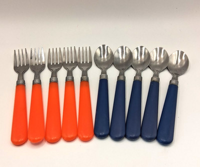 Vintage Set 10 Piece Child Toddler Spoons and Forks Plastic Handle Blue Orange