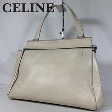 CELINE Ivory Leather One Handle Shoulder Bag Edge Logo Authentic Women's Tote