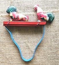 Vintage Tin Litho Chickens Roosters Pecking Feeding Mechanical Toy Hand Pressure