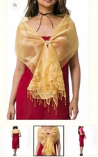 Tygie Kultura Gold Organza Floral Embroidered Beaded Fringe Women's Shawl Wrap