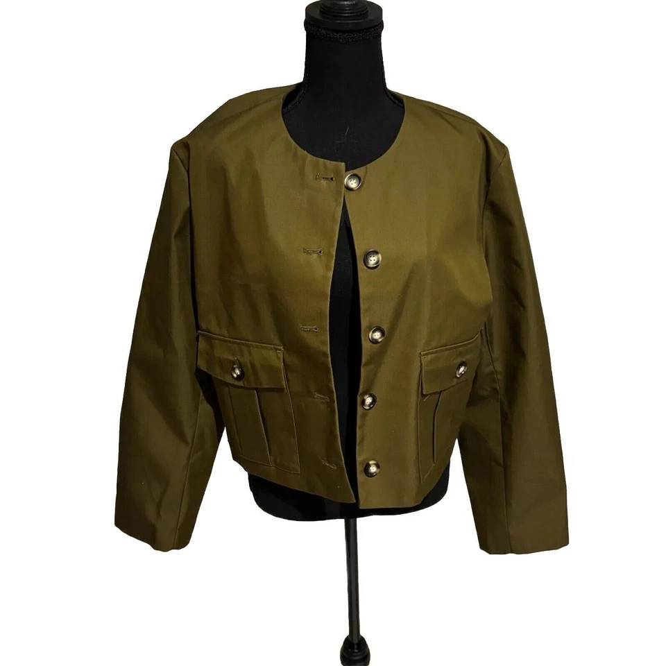 Mujer L Nuevo Boxy Verde Bomber Cargo Blazer Chaqueta Grunge Recortado Carrera Lagen Foto 3 de 4