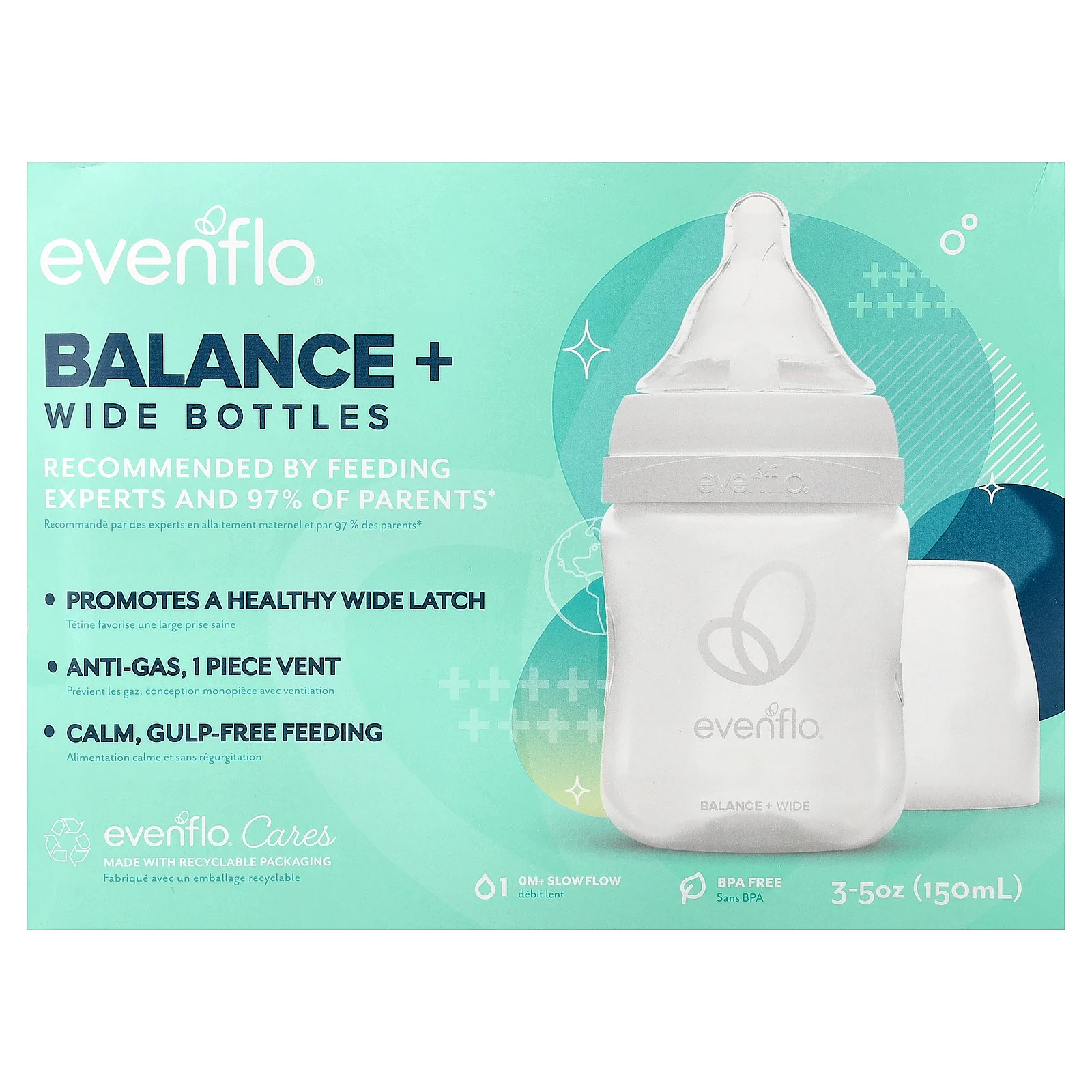 Balance+ Bottles, Wide, 0+ Months, Slow Flow, 3 Bottles, 5 o