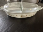 VINTAGE PYREX CONSTELLATION ATOMIC STARBURST DIVIDED 1.5 QT CASSEROLE DISH W/LID