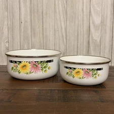 Vintage GMI Set of 2 - Pink Yellow Floral Nesting Enamel Mixing Serving Bowls