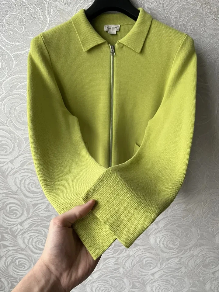 Cárdigan Alexander McQueen Verde Lima Tejido Cremallera Recortado Suéter Chaqueta Y2K De Colección Foto 3 de 4