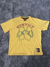 Vintage Y2K Yellow Akon Konvict Apparel Graphic T Shirt Size L  Beaded Accents