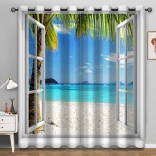 OCEAN BEACH BLACKOUT CURTAINS TROPICAL PALM TREES WHITE WOODEN WINDOW SCENERY DE