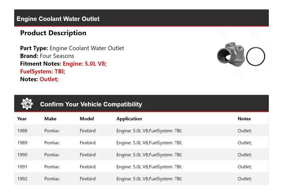 Para Pontiac Firebird 1988-1992 motor V8 5,0 L salida de agua refrigerante 4 estaciones Foto 2 de 4