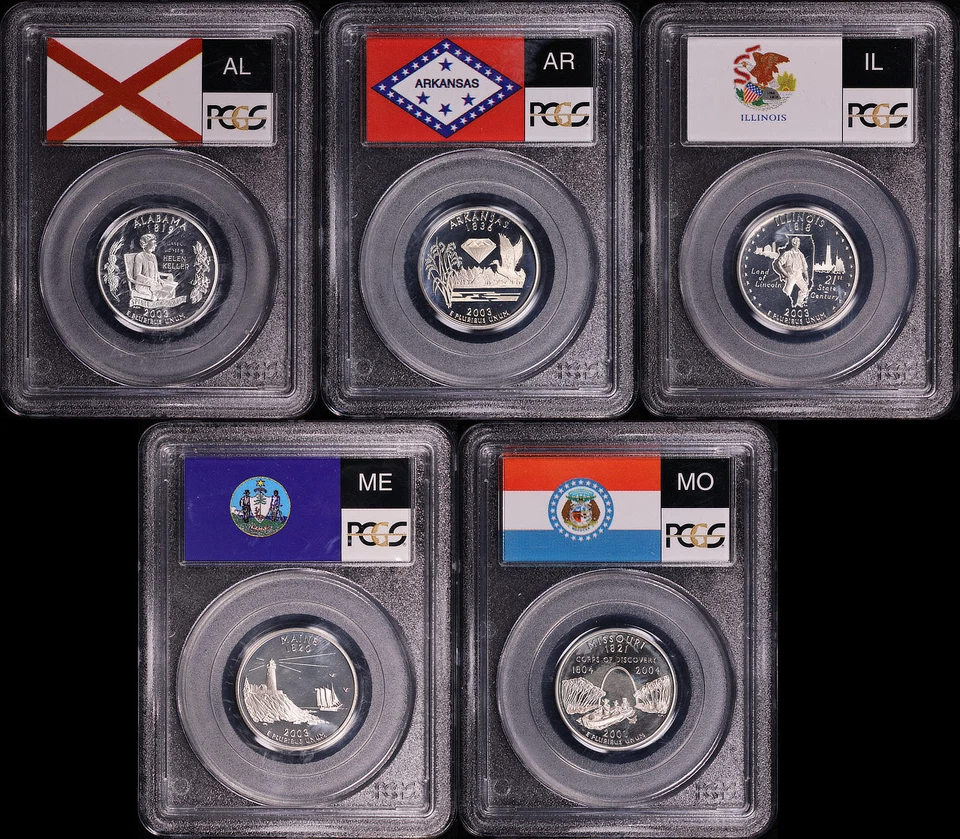 2003-S AL, AR, IL, ME, & MO Silver State Quarter 5 Coin Set PCGS PR-69 DCAM - Image 2 of 2