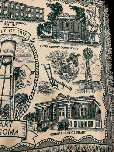 Hobart Oklahoma Tapestry Blanket City of Iris White Green Vintage Library Museum - Picture 4 of 9