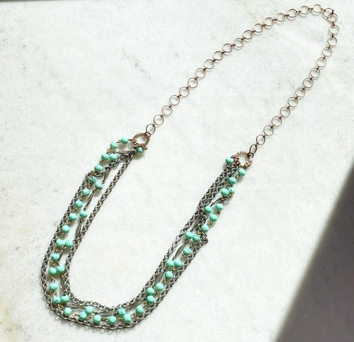 Unique Boho Turquoise Green/Black Bead Layered Necklace with Mixed Metal Chains - Picture 4 of 5
