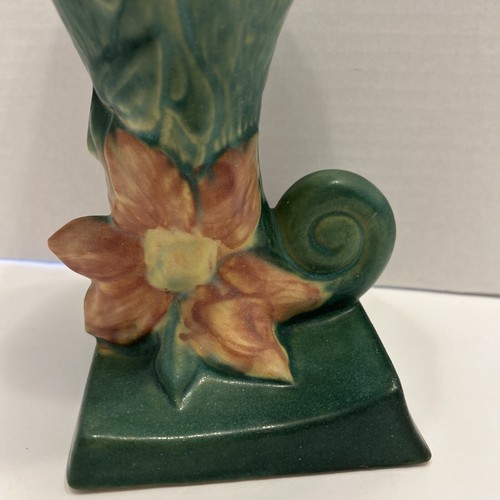 Vintage Roseville Pottery Blue-Green Clematis Cornucopia Vase 190-8” - Picture 3 of 14