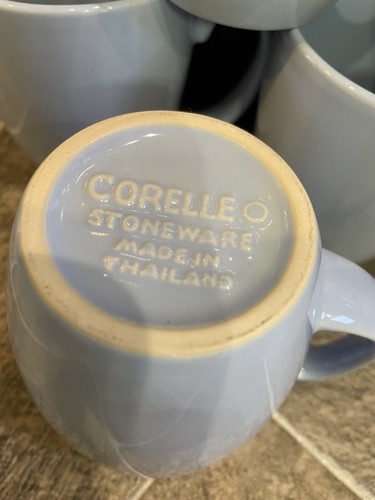 4+3 7 Corelle COFFEE CUPS MUGS Solid Light Blue STONEWARE 4" Set Lot - Picture 2 of 2