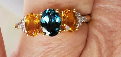 Anillo azul circón, topacio amarillo corte ovalado y diamante oro amarillo liso de 10 quilates - Imagen 9 de 12