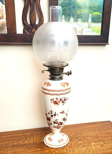 Victorian Oil Lamp 2 Part Ceramic Russet Aesthetic Transfer Print Duplex Unique - Picture 3 of 11