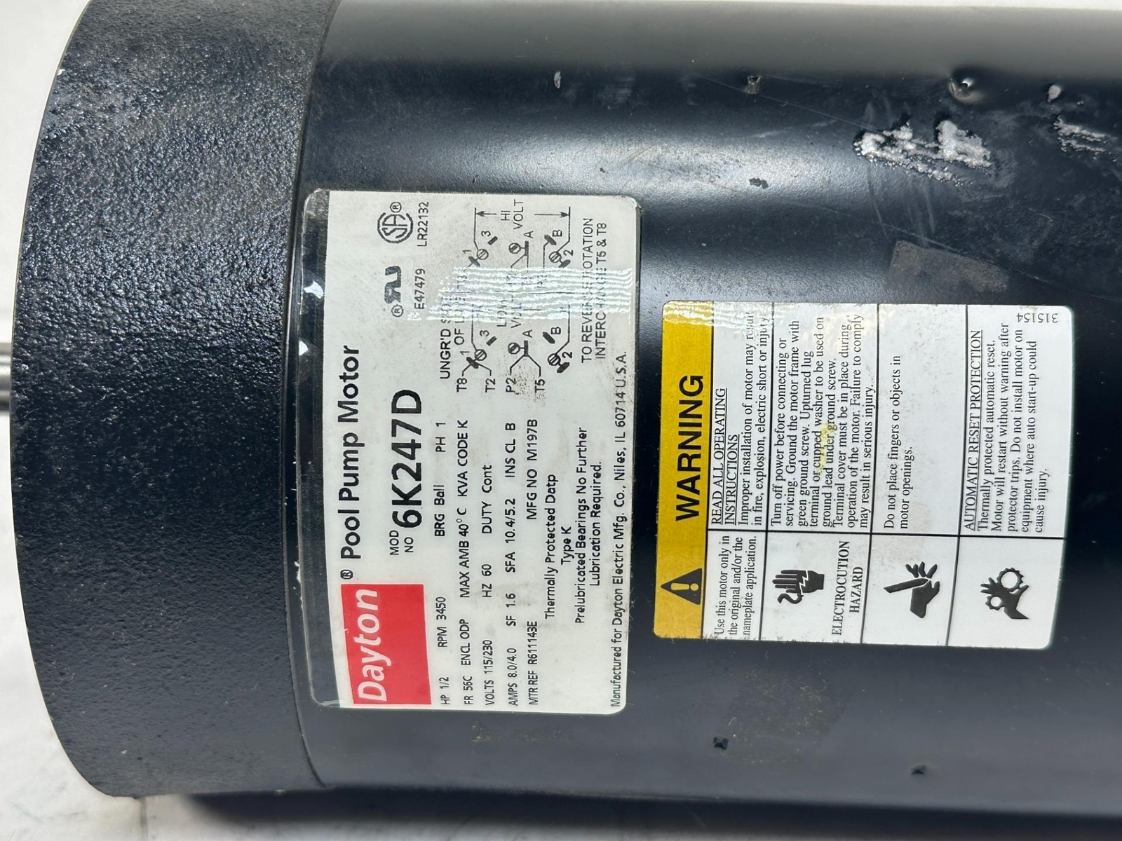 Dayton 6K247D, Pool Pump Bearing Ball Motor, HP 1/2, RPM 3450, 1 PH