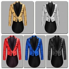 Men Glitter Sequin Tuxedo Suit Jacket Slim Tailcoat Dress Coat Party Wedding