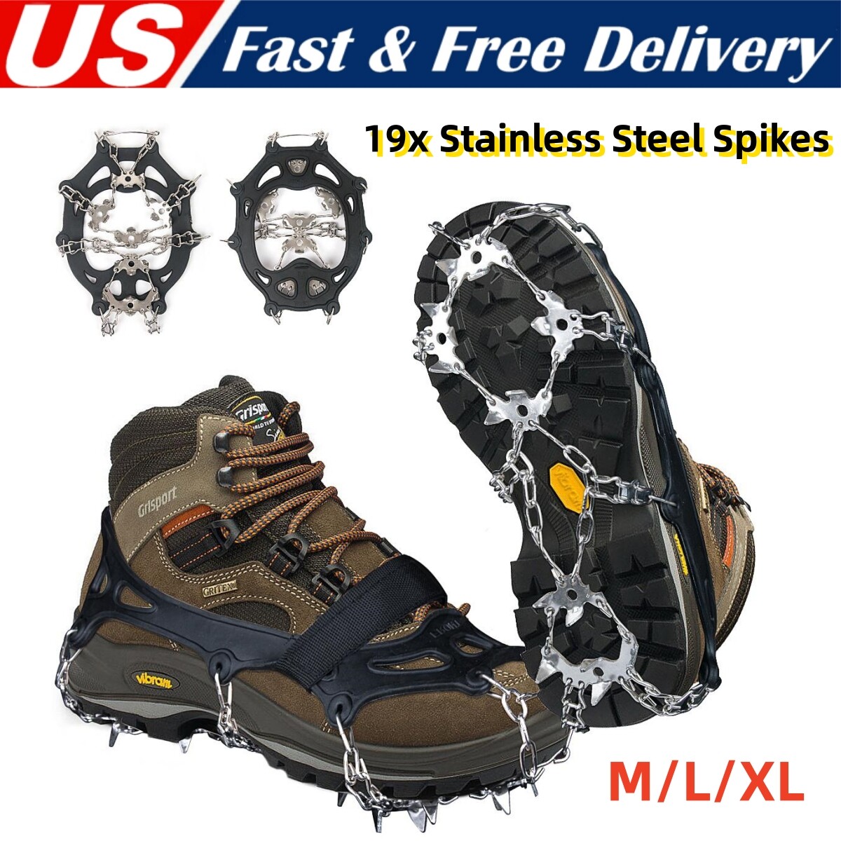 19 Studs Ice Crampons Snow Grips Anti Slip Over Boot Shoe Spikes