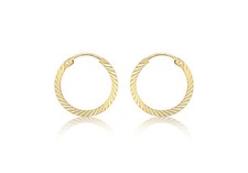 9CT Yellow Gold Textured Diamond Cut Sleeper Hoop 12.5mm Earrings
