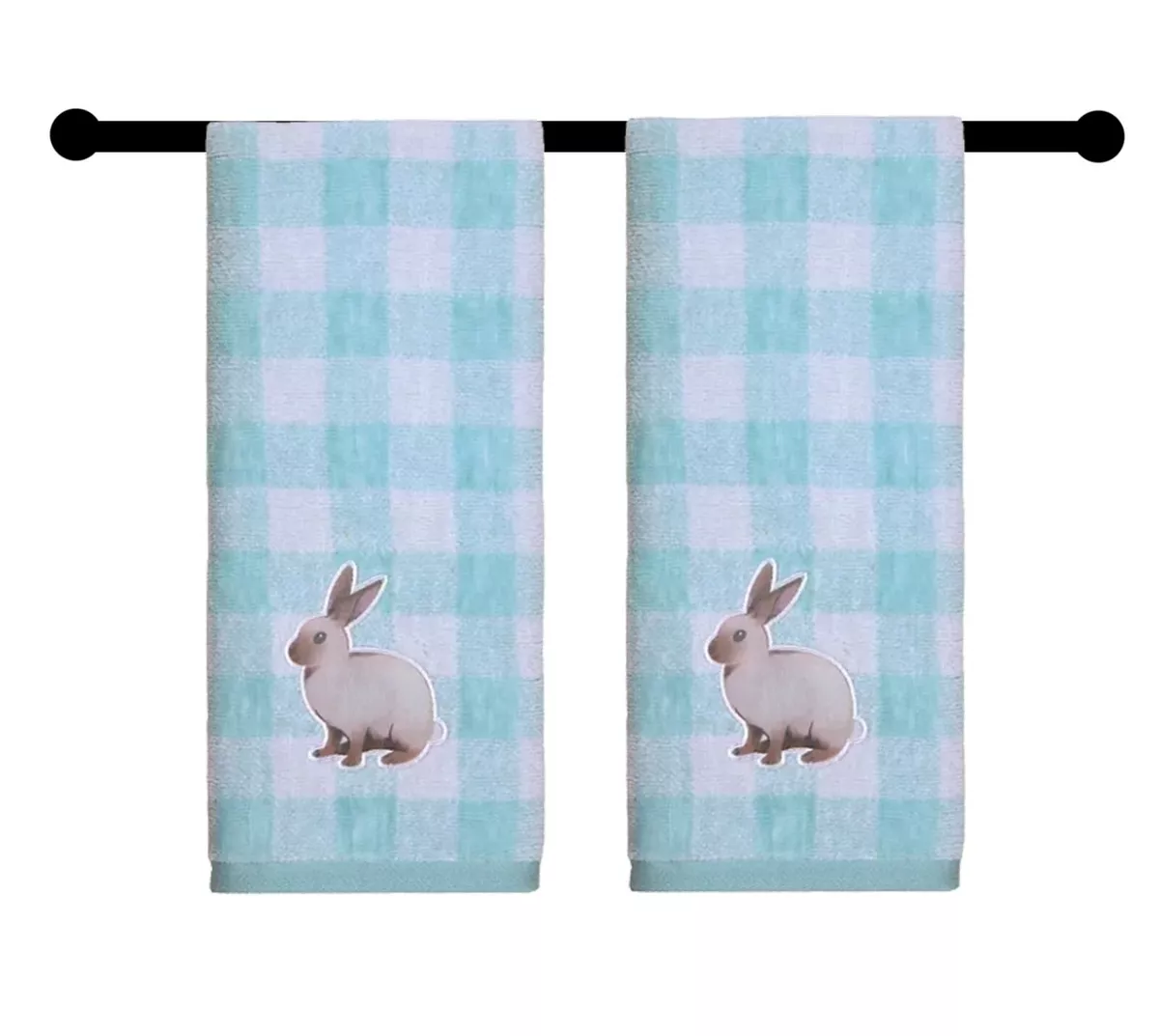 Bunny Bath Hand Towels, Set of 2, Blue White Buffalo Plaid