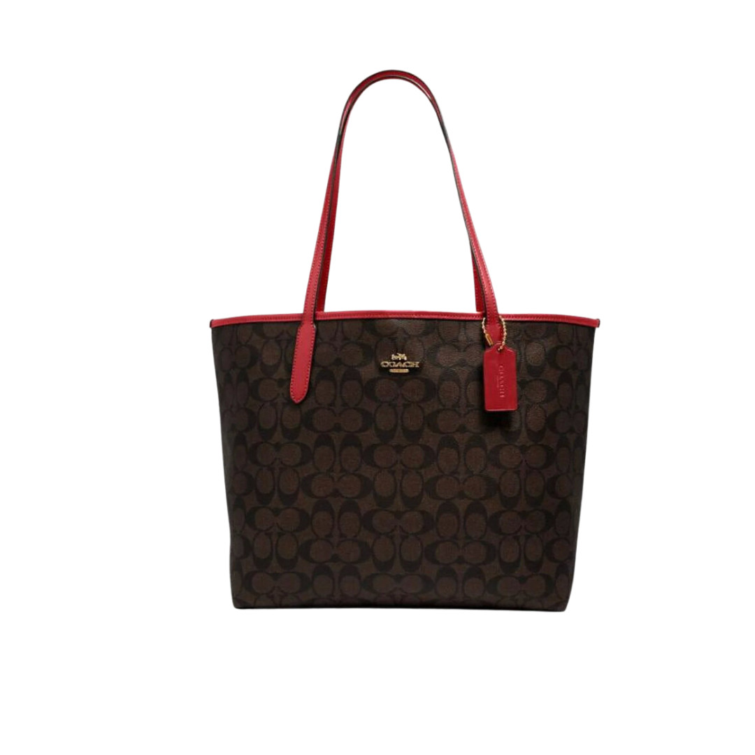 Coach City Tote in Signature Canvas Shoulder Bag - Gold/Brown 1941 Red (5696)