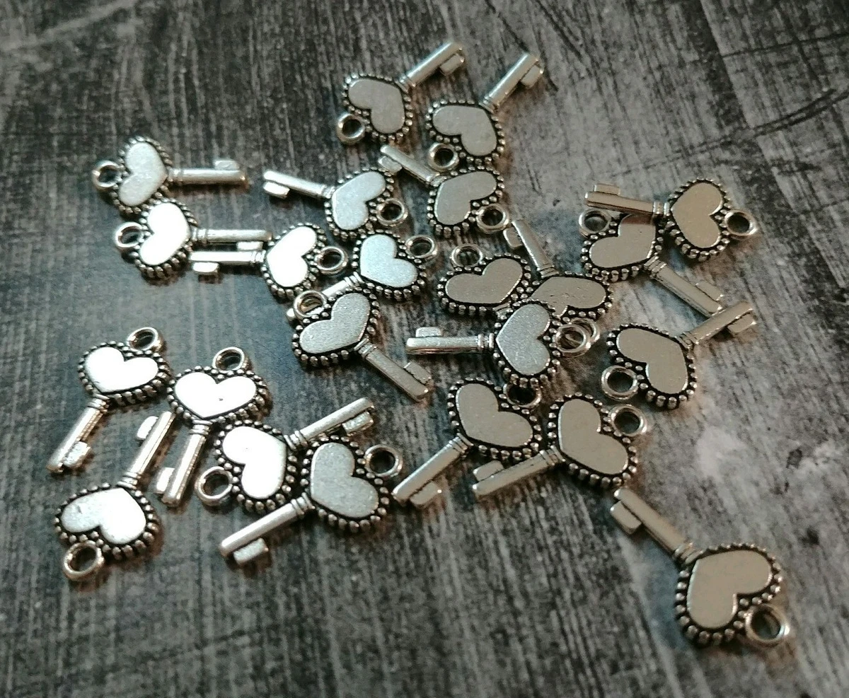 50 Key Charms Antiqued Silver Heart Keys Bulk Skeleton Keys Wholesale 2  Sided