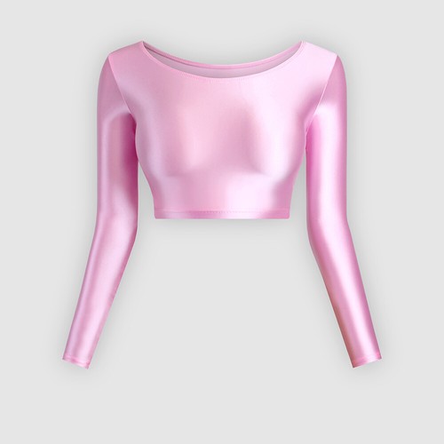 MJINM Damen Oil Shiny Stretch Crop Top Glossy Langarm Sport Gym T-Shirt - Bild 17 von 37
