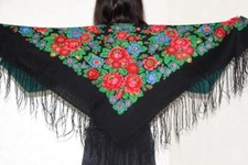 Black floral shawl with fringe Ukrainian wool scarf Oversized shawl Vintage USSR