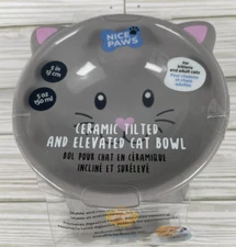 Raised Cat Bowl Elevated Tilted Kitten Face Food Dish Ceramic Grey 5" Dia. NEW