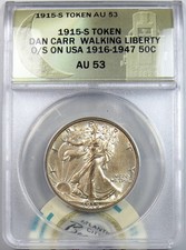 1915-S Daniel Carr Walking Liberty O/S on WLH  50C ANACS AU53 Antiqued (6059905)