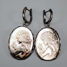 Handgefertigte natürliche Kamee Muschel Ohrringe 925 Sterling Silber /E130580