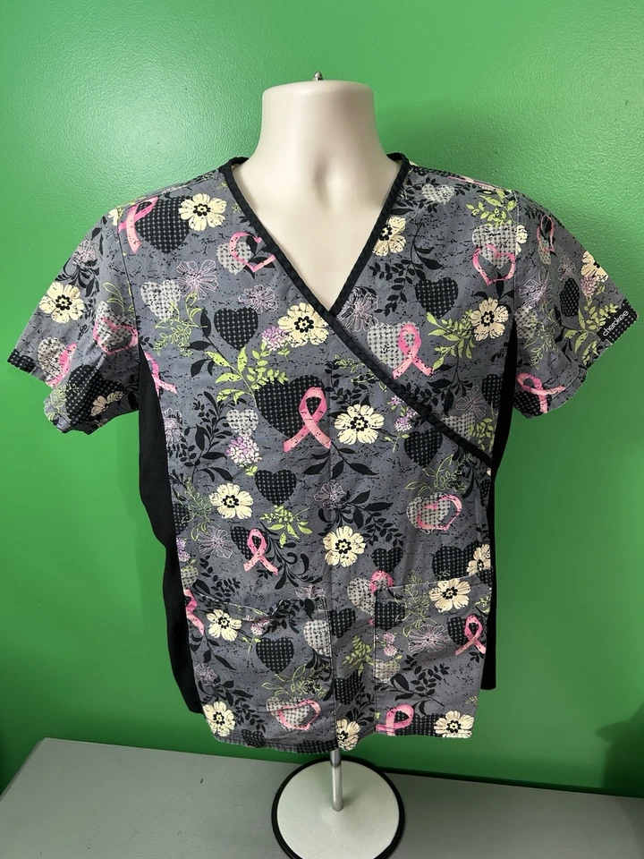 BREAST CANCER AWARENESS Women's Scrub Top Medium Black/Gray Nurse Medical - Image 2 of 4